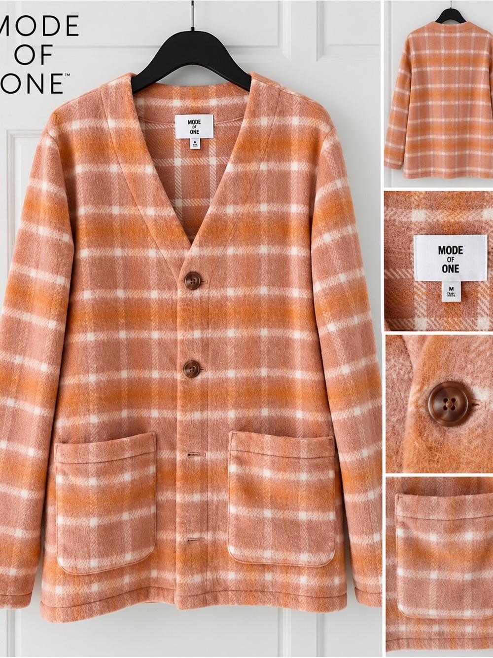 Mode of One Plaid Button Front Cardigan Jacket Pink Orange